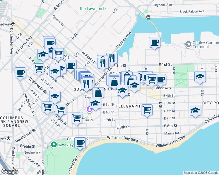 map of restaurants, bars, coffee shops, grocery stores, and more near 538 East Broadway in Boston