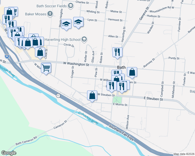 map of restaurants, bars, coffee shops, grocery stores, and more near 102 Pine Street in Bath