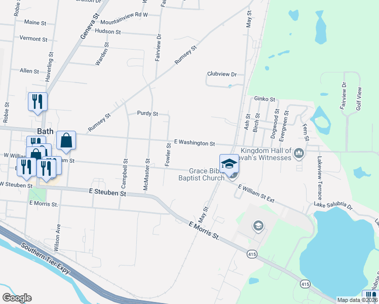 map of restaurants, bars, coffee shops, grocery stores, and more near 416 East Washington Street in Bath