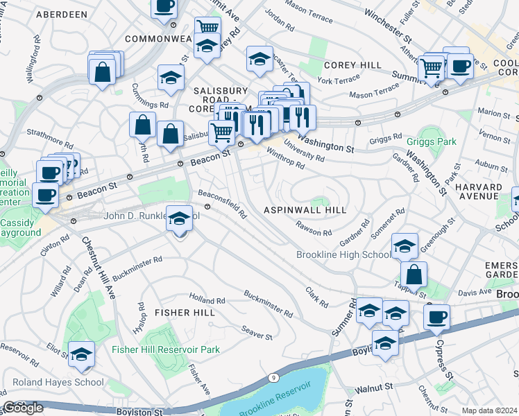 map of restaurants, bars, coffee shops, grocery stores, and more near 289 Tappan Street in Brookline