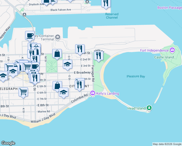 map of restaurants, bars, coffee shops, grocery stores, and more near 65 Farragut Road in Boston