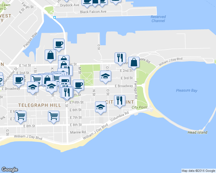 map of restaurants, bars, coffee shops, grocery stores, and more near 866 East Broadway in Boston