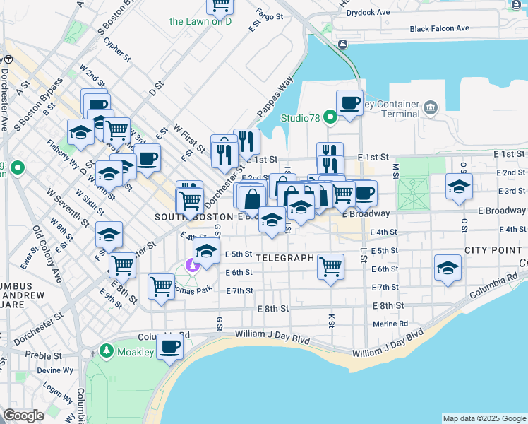 map of restaurants, bars, coffee shops, grocery stores, and more near 60 H Street in Boston