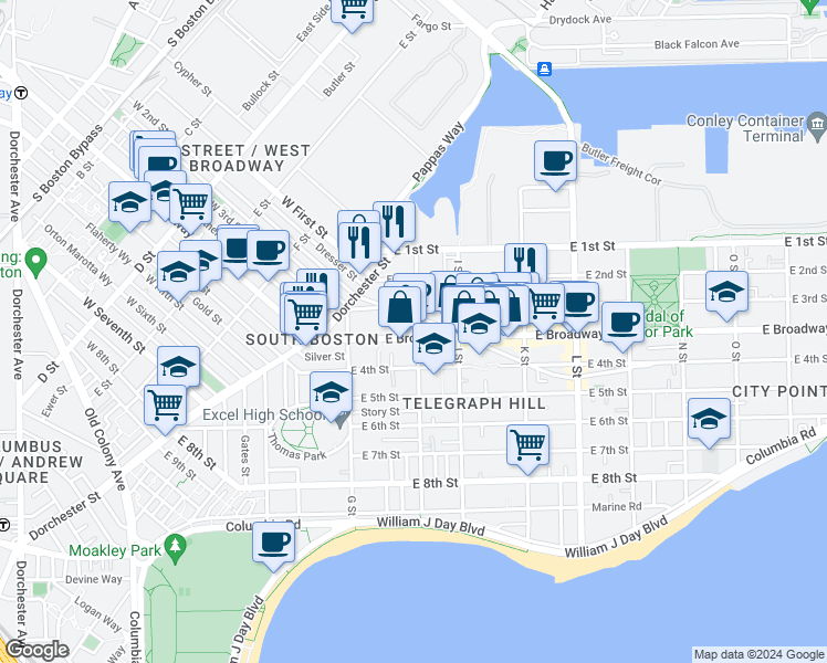 map of restaurants, bars, coffee shops, grocery stores, and more near 60 H Street in Boston