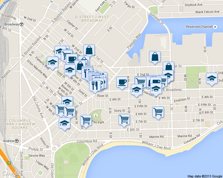 map of restaurants, bars, coffee shops, grocery stores, and more near 9 G Street in Boston