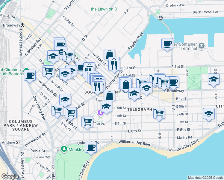 map of restaurants, bars, coffee shops, grocery stores, and more near 9 G Street in Boston