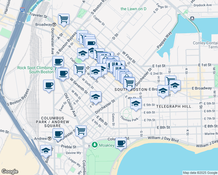 map of restaurants, bars, coffee shops, grocery stores, and more near 104 F Street in Boston