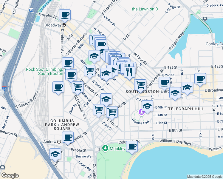 map of restaurants, bars, coffee shops, grocery stores, and more near 223 West Fifth Street in Boston