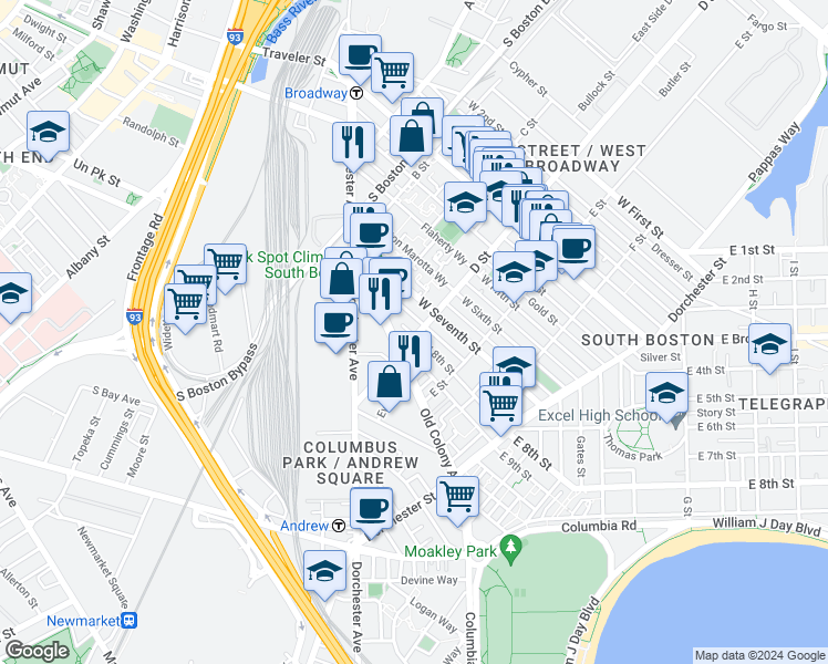 map of restaurants, bars, coffee shops, grocery stores, and more near 84 West 8th Street in Boston