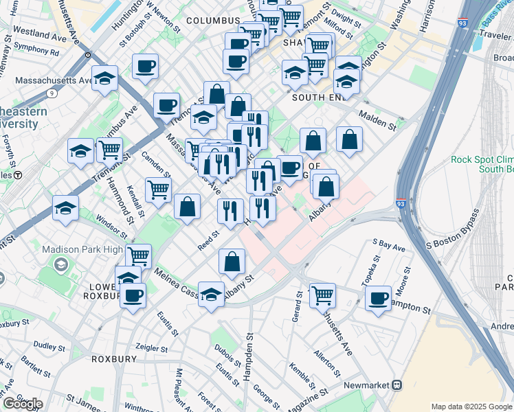 map of restaurants, bars, coffee shops, grocery stores, and more near 33 Worcester Square in Boston