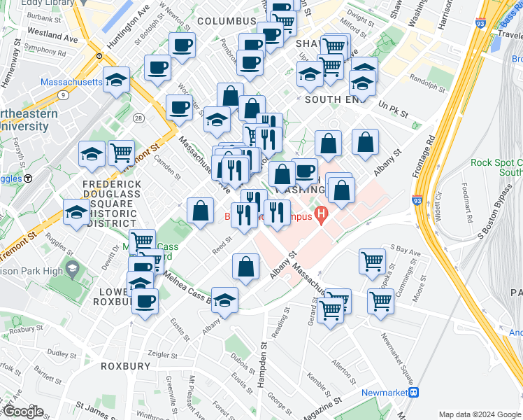 map of restaurants, bars, coffee shops, grocery stores, and more near 33 Worcester Square in Boston