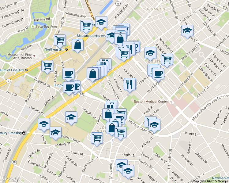 map of restaurants, bars, coffee shops, grocery stores, and more near 10 Sussex Street in Boston