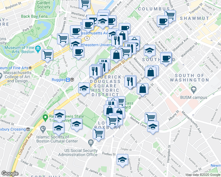 map of restaurants, bars, coffee shops, grocery stores, and more near 10 Sussex Street in Boston