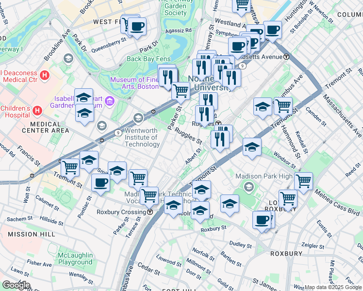 map of restaurants, bars, coffee shops, grocery stores, and more near 30 Annunciation Road in Boston