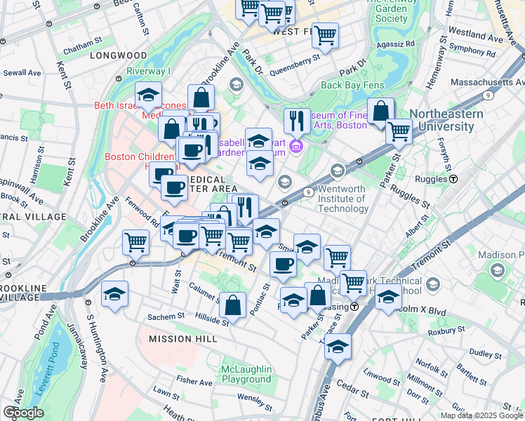 map of restaurants, bars, coffee shops, grocery stores, and more near 184 Longwood Avenue in Boston