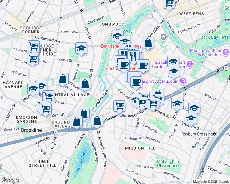 map of restaurants, bars, coffee shops, grocery stores, and more near 80 Fenwood Road in Boston
