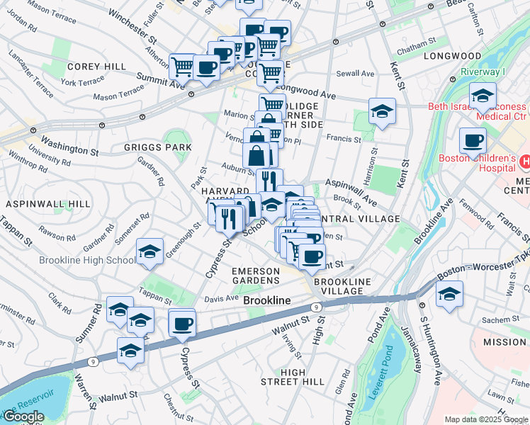map of restaurants, bars, coffee shops, grocery stores, and more near 4 Harvard Place in Brookline