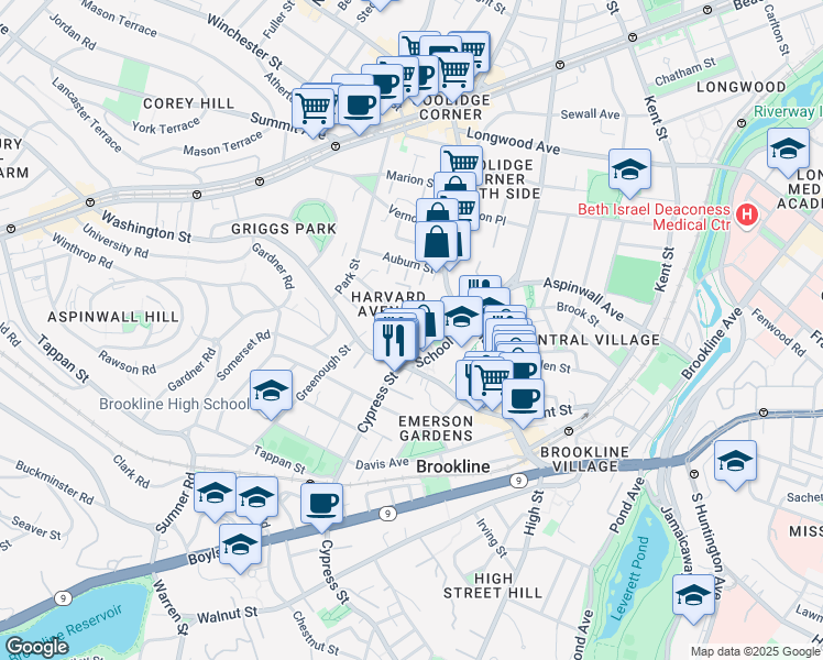map of restaurants, bars, coffee shops, grocery stores, and more near 32 Harvard Avenue in Brookline