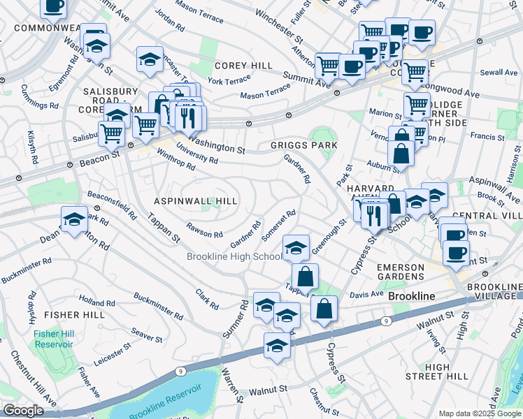 map of restaurants, bars, coffee shops, grocery stores, and more near 123 Gardner Road in Brookline