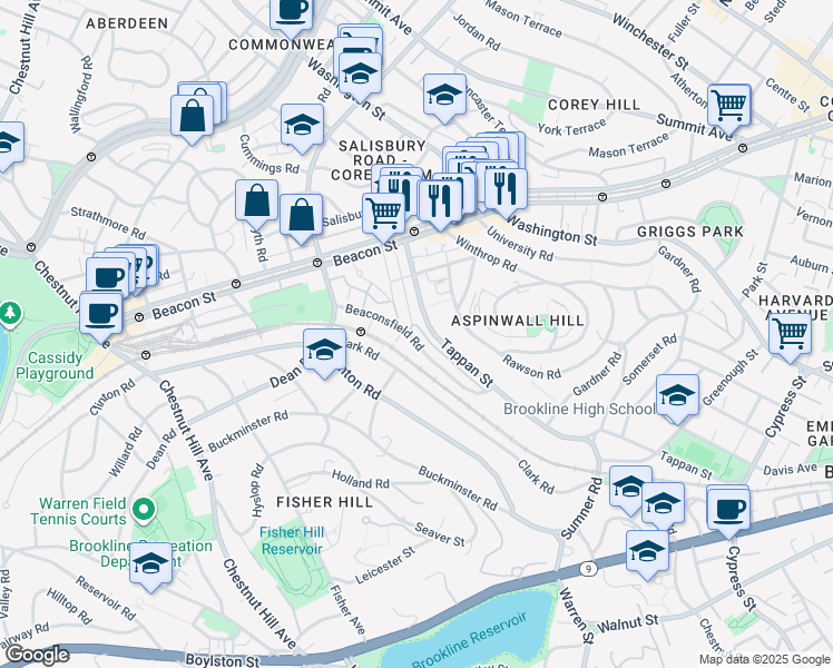 map of restaurants, bars, coffee shops, grocery stores, and more near 72 Regent Circle in Brookline