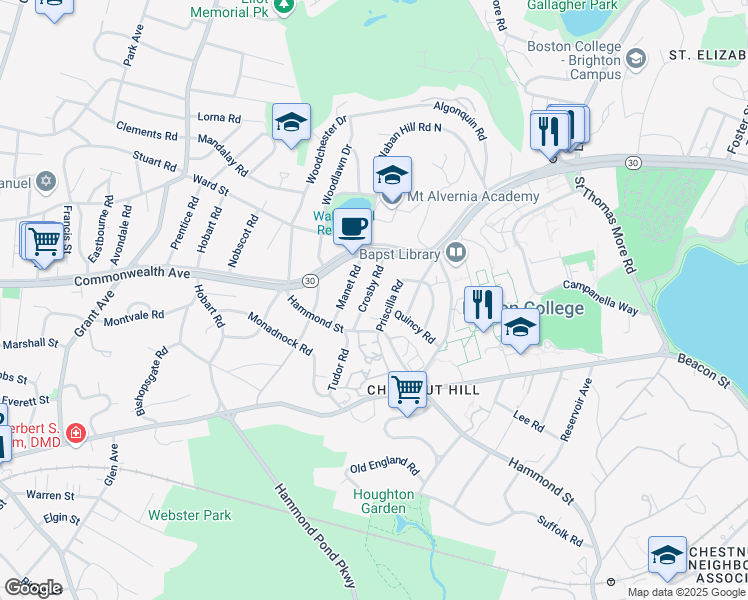 map of restaurants, bars, coffee shops, grocery stores, and more near 36 Crosby Road in Newton
