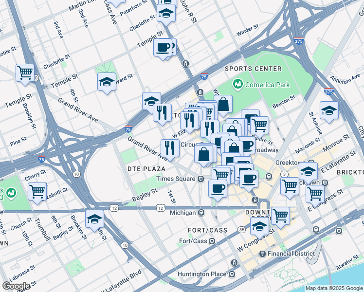 map of restaurants, bars, coffee shops, grocery stores, and more near 2001 Park Avenue in Detroit
