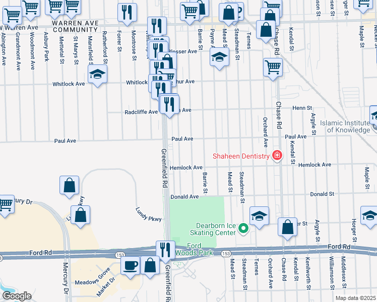 map of restaurants, bars, coffee shops, grocery stores, and more near 6332 Yinger Avenue in Dearborn
