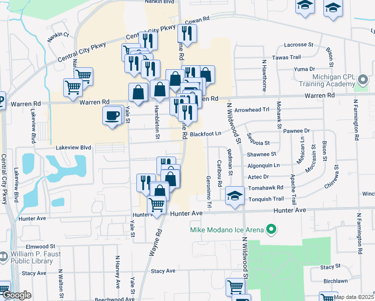 map of restaurants, bars, coffee shops, grocery stores, and more near in Westland