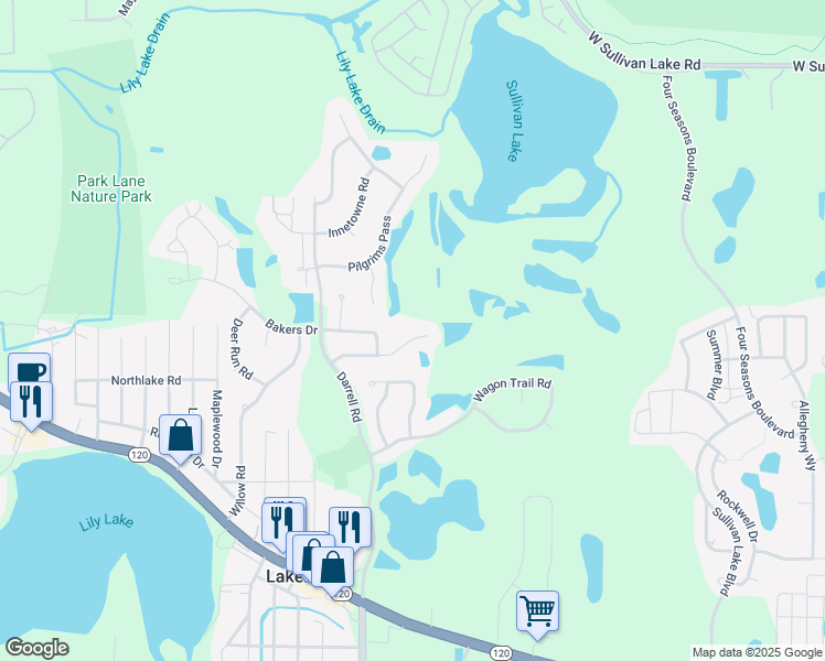 map of restaurants, bars, coffee shops, grocery stores, and more near 32525 Pilgrims Court in Lakemoor
