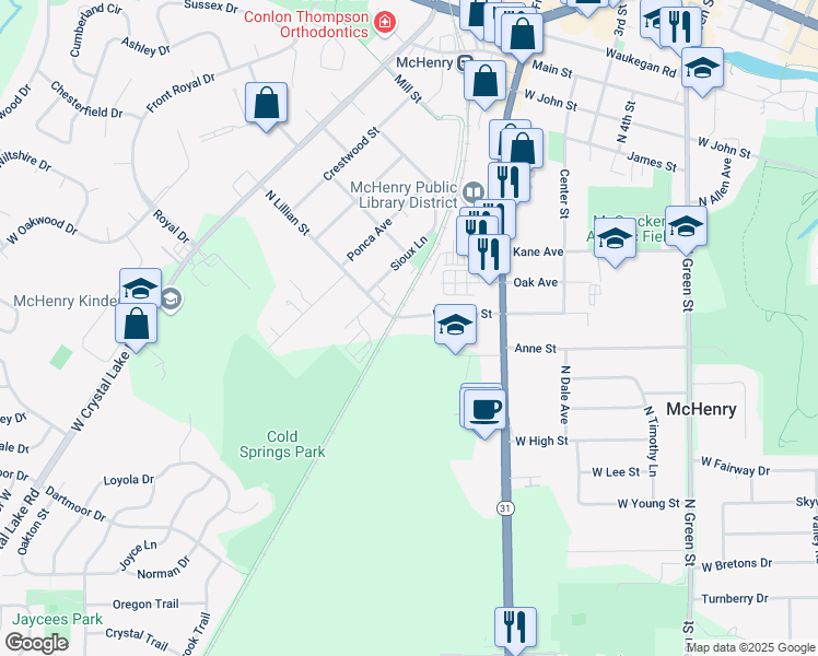 map of restaurants, bars, coffee shops, grocery stores, and more near 4139 West Lillian Street in McHenry