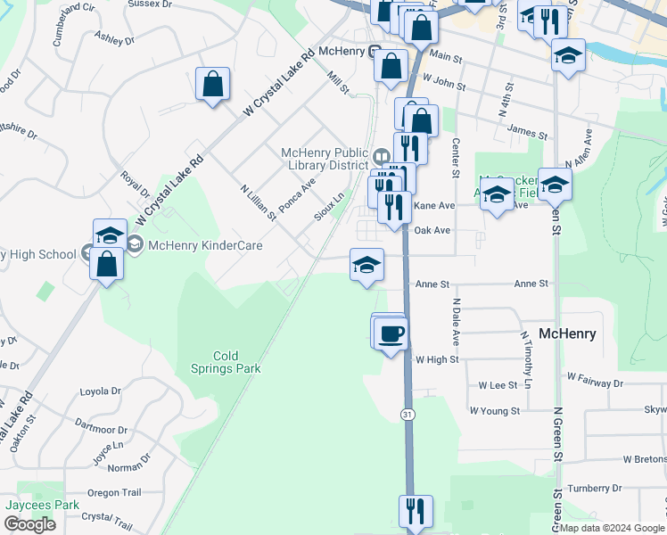 map of restaurants, bars, coffee shops, grocery stores, and more near 4113 West Lillian Street in McHenry