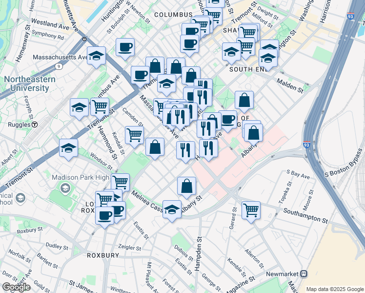 map of restaurants, bars, coffee shops, grocery stores, and more near 669 Massachusetts Avenue in Boston
