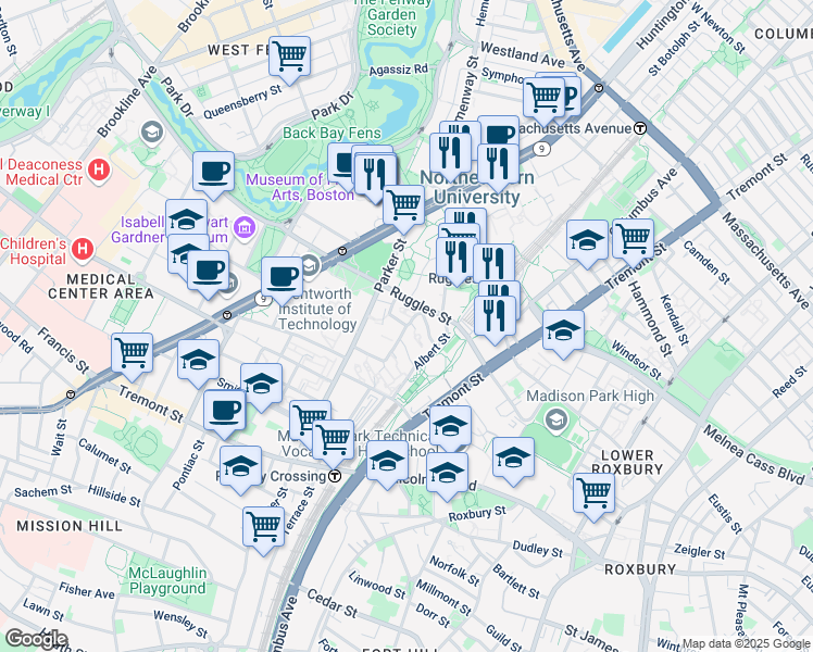 map of restaurants, bars, coffee shops, grocery stores, and more near 68 Annunciation Road in Boston