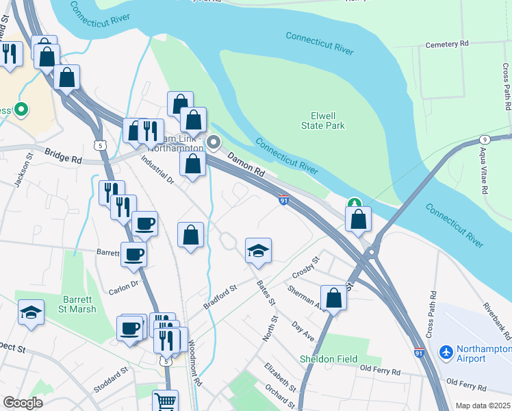 map of restaurants, bars, coffee shops, grocery stores, and more near 29 Industrial Drive East in Northampton