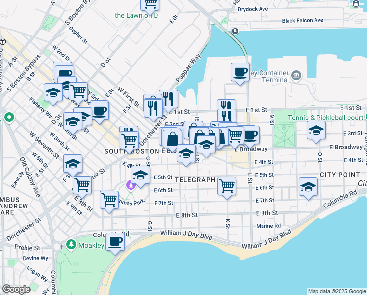 map of restaurants, bars, coffee shops, grocery stores, and more near 60 H Street in Boston