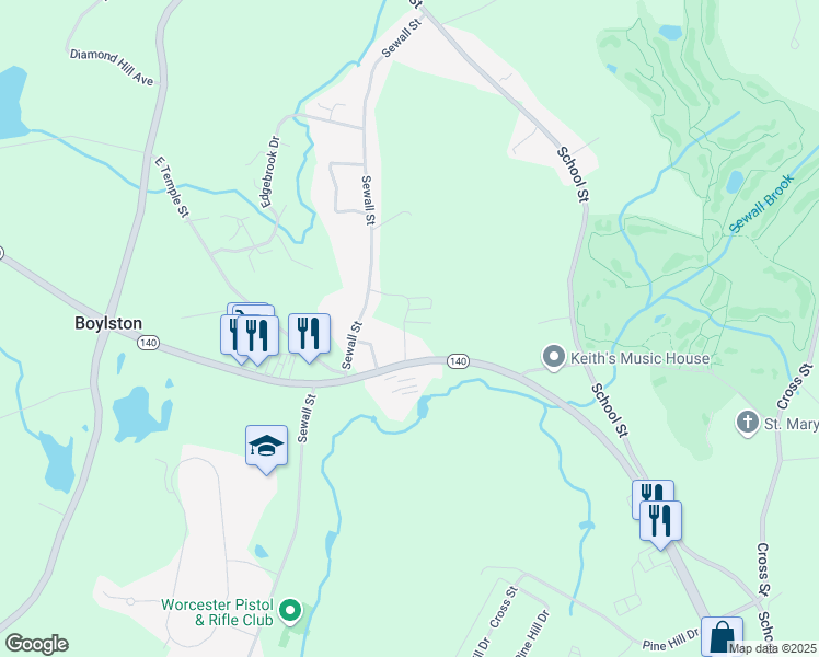 map of restaurants, bars, coffee shops, grocery stores, and more near 3 Rindle Road in Boylston