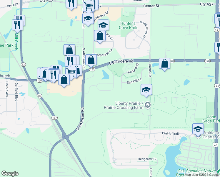 map of restaurants, bars, coffee shops, grocery stores, and more near 458 Ashford Lane in Grayslake