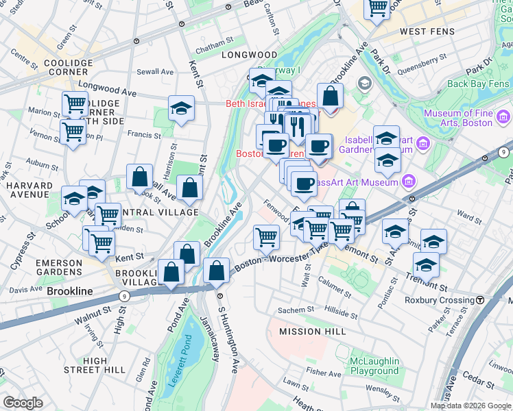 map of restaurants, bars, coffee shops, grocery stores, and more near 80 Fenwood Road in Boston