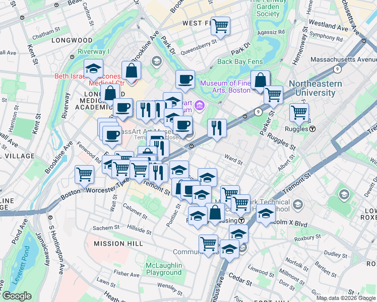map of restaurants, bars, coffee shops, grocery stores, and more near 28 Longwood Avenue in Boston