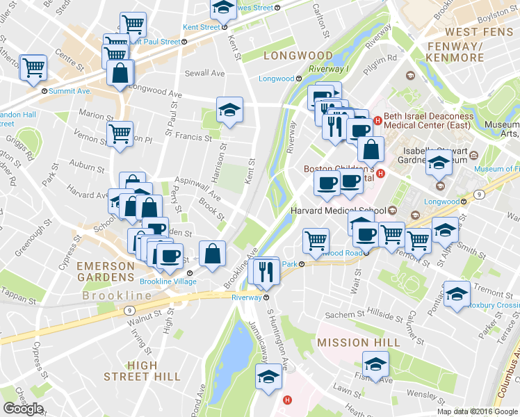 map of restaurants, bars, coffee shops, grocery stores, and more near 20 Netherlands Rd in Brookline