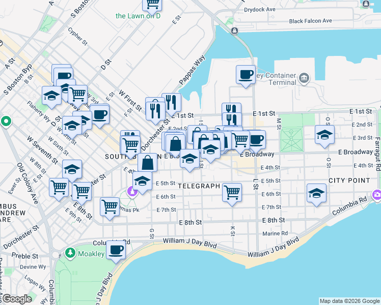 map of restaurants, bars, coffee shops, grocery stores, and more near 60 H Street in Boston