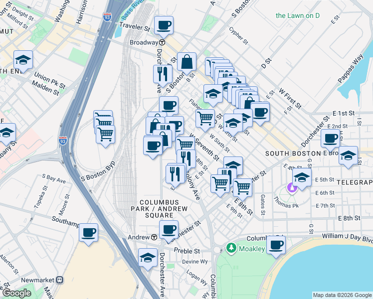 map of restaurants, bars, coffee shops, grocery stores, and more near 42 8th Street in Boston