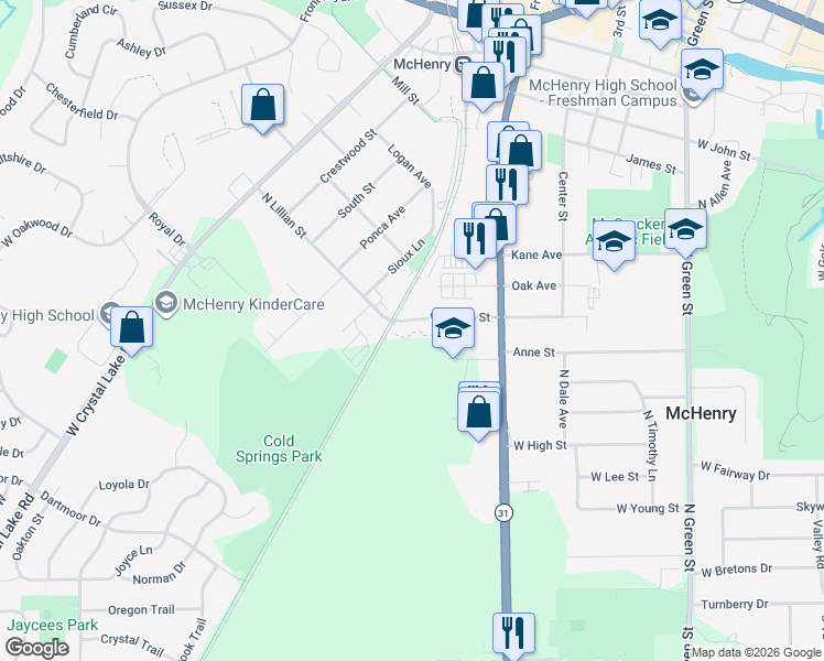 map of restaurants, bars, coffee shops, grocery stores, and more near 4113 West Lillian Street in McHenry