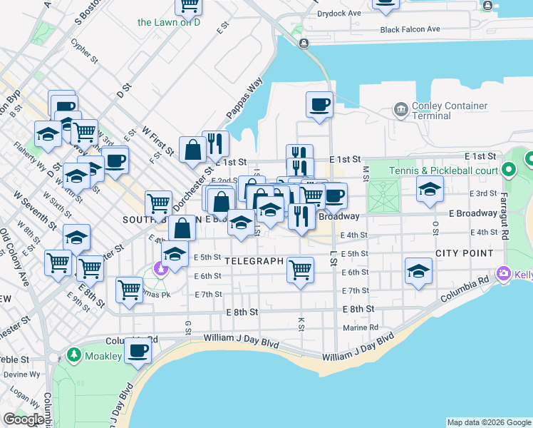 map of restaurants, bars, coffee shops, grocery stores, and more near in Boston