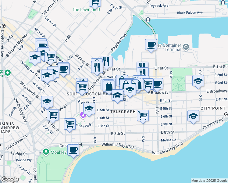 map of restaurants, bars, coffee shops, grocery stores, and more near 60 H Street in Boston