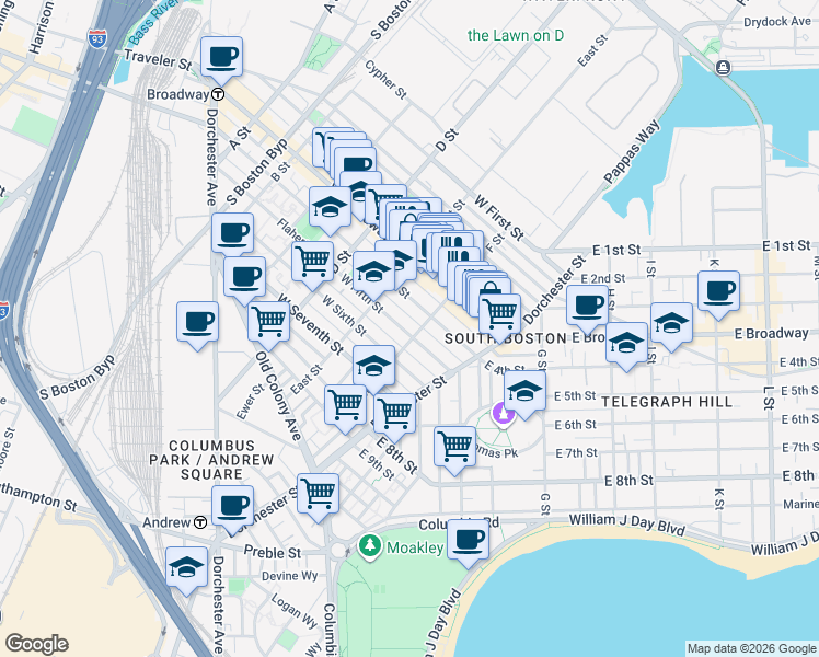 map of restaurants, bars, coffee shops, grocery stores, and more near 104 F Street in Boston