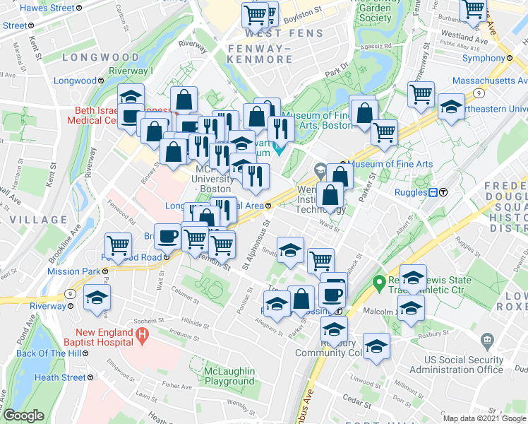 map of restaurants, bars, coffee shops, grocery stores, and more near 45 Longwood Avenue in Boston