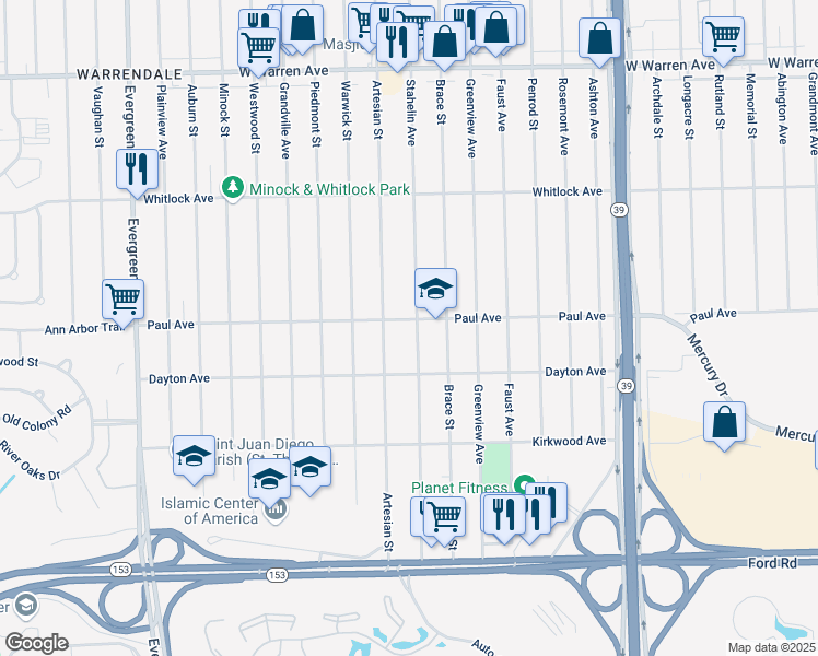 map of restaurants, bars, coffee shops, grocery stores, and more near 6267 Stahelin Avenue in Detroit
