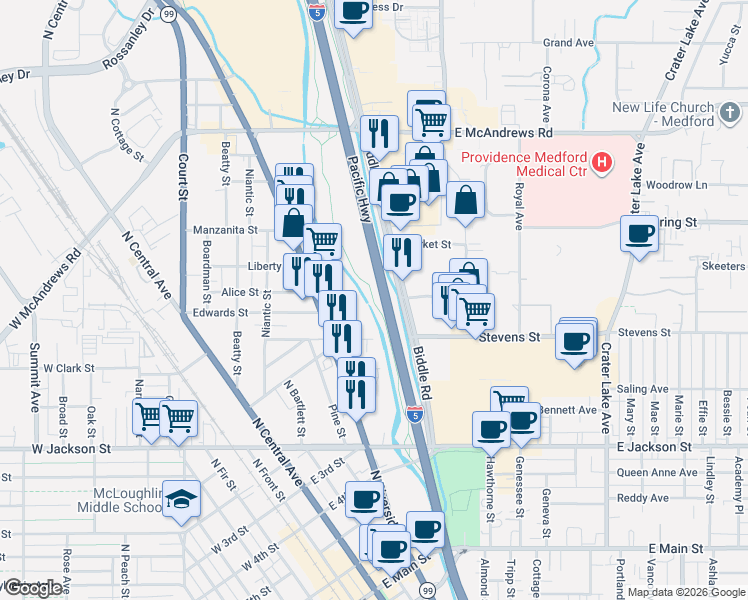 map of restaurants, bars, coffee shops, grocery stores, and more near Bear Creek Greenway in Medford