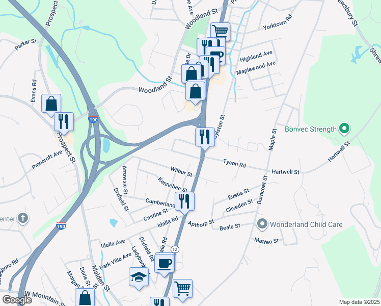 map of restaurants, bars, coffee shops, grocery stores, and more near 4 Meola Avenue in Worcester
